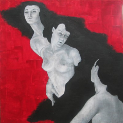 Acrylbild einer weiblichen Figur vor roten und schwarzen Strukturen, inspiriert durch Shakespeares Romeo und Julia